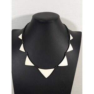Express Geometric Statement Necklace Cream Enamel Gunmetal Bib 20in